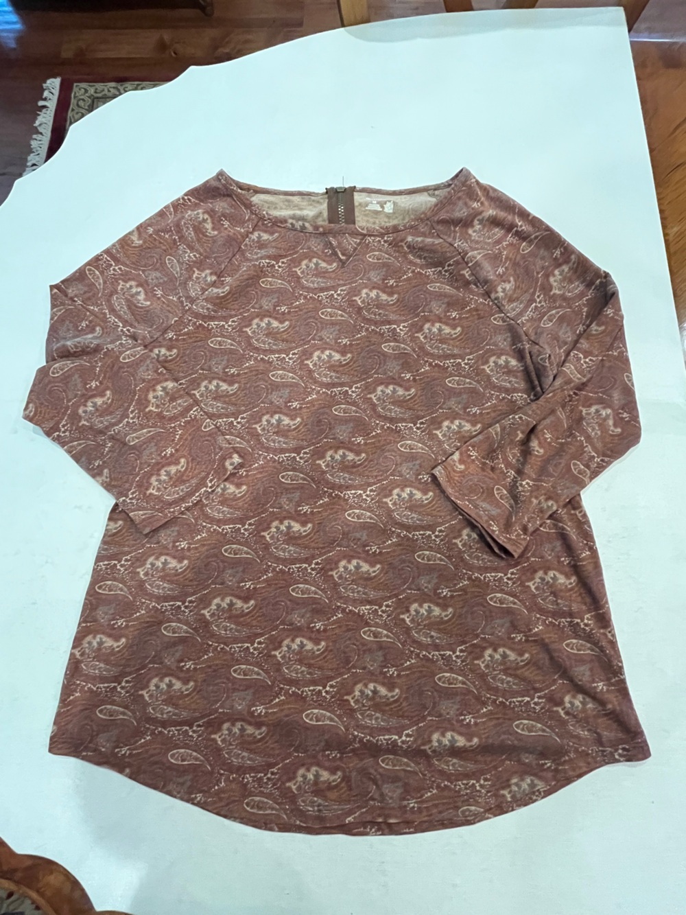 Ruff Hewn rusty brown and cream Paisley Zip-Back 3/4 sleeve Top.